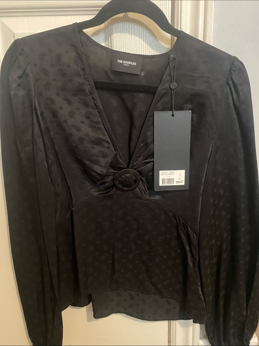 The Kooples Black Satin V-Neck Ring-Accent Blouse